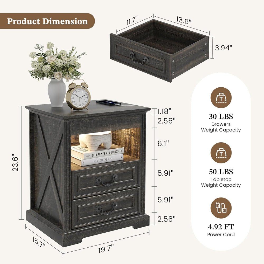Nightstand Set 2 with Gun Drawer, Farmhouse Night Stand with LED Lights and H...