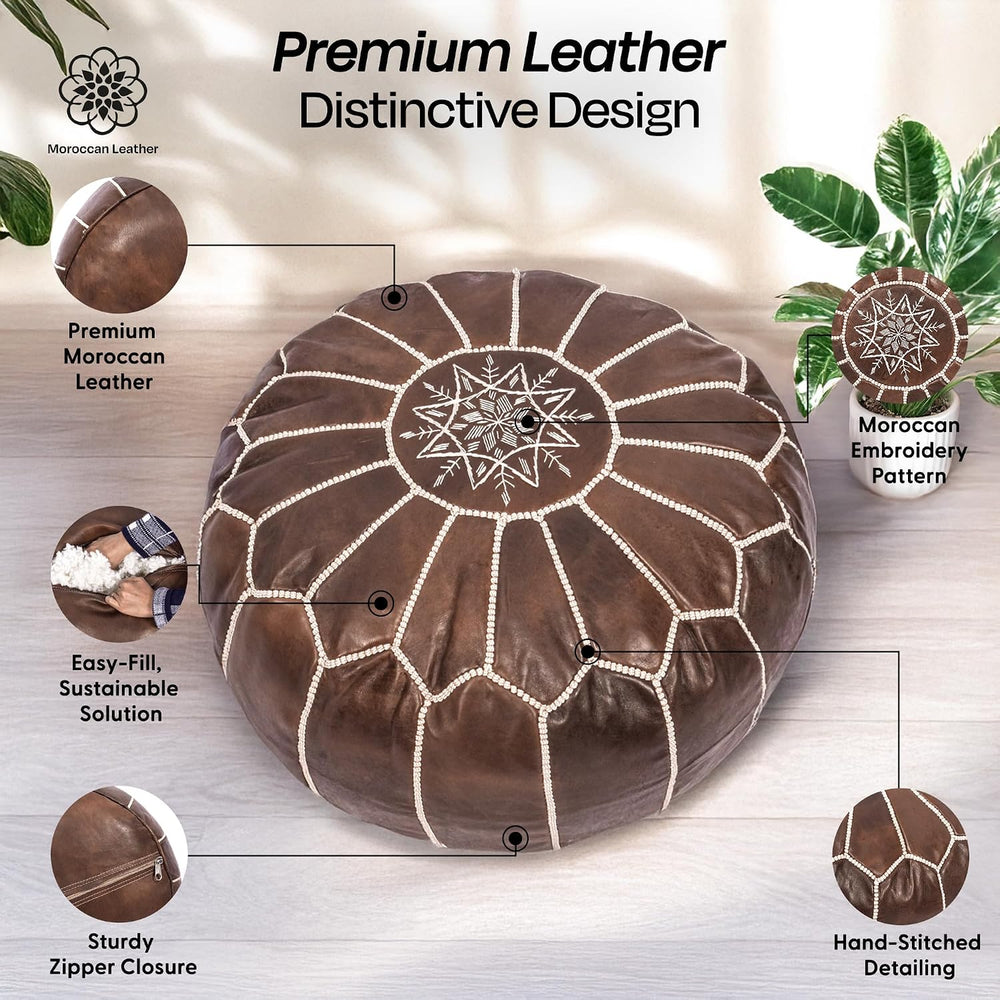 Moroccan Leather Handmade Pouf Ottoman Cover, Unstuffed Foot Stool, Round Boh...