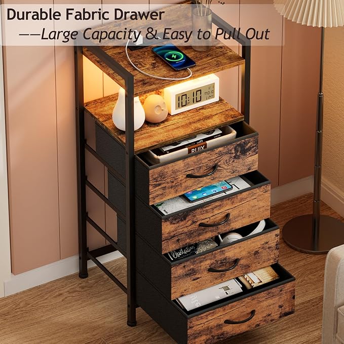 Furnulem Night Stand with Charging Station and Led Light, 4 Drawer Dresser fo...