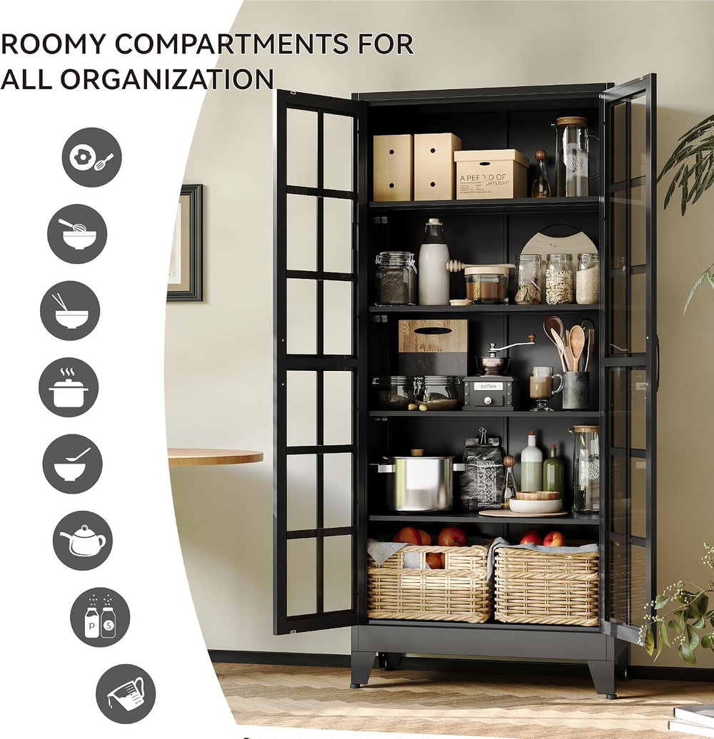 COFaR 71" Black Metal Pantry Cabinet with Glass Doors for Living Room