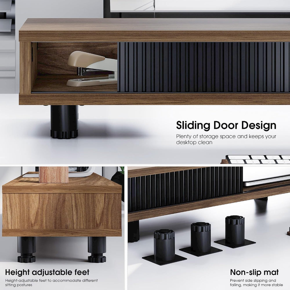 Fenge Dual Monitor Stand with Storage, Desk Shelf with Glass Sliding Door