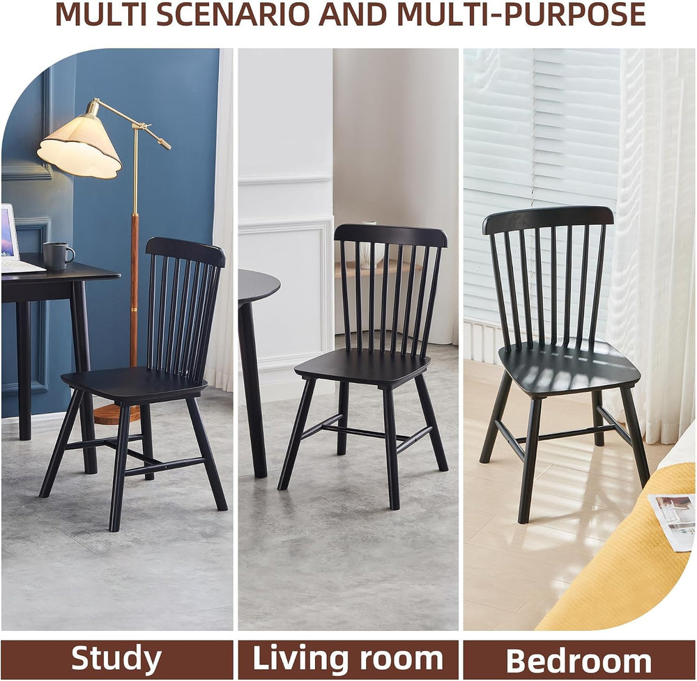 Black Windsor Dining Chairs Set of 6, Solid Wooden Dining Chairs, Spindle Bac...