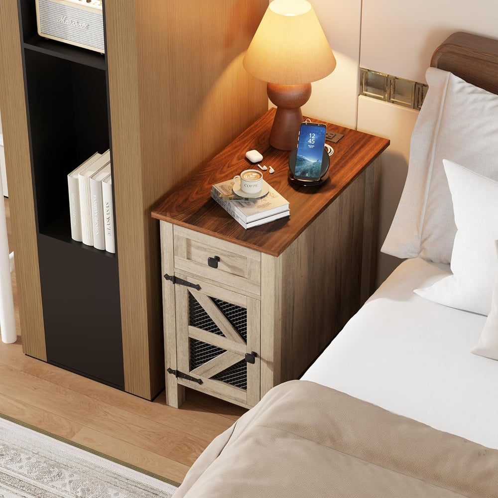HAIOOU Farmhouse End Table with Charging Station, Narrow Side Tables with Sto...