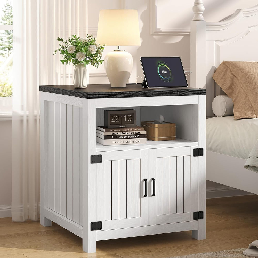 Farmhouse End Table with Charging Station, 24" Large Side Table with Ope...