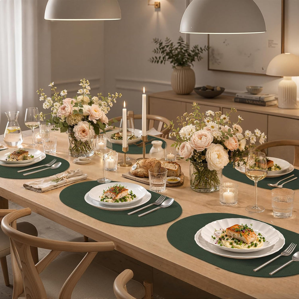 Heat Resistant Oval Placemats Set of 6 Non-Slip, Forest Green