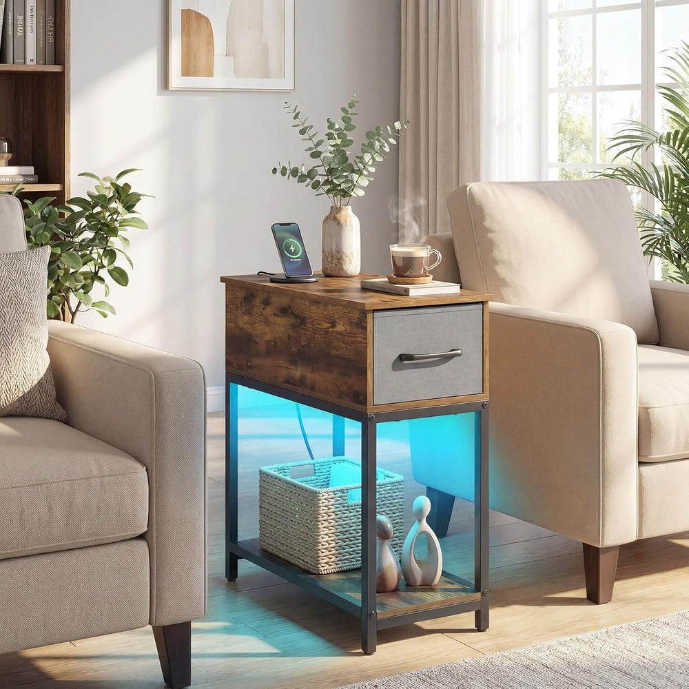 GOFLAME LED End Table with Hidden Charging Station, Narrow Compact Sofa Side ...