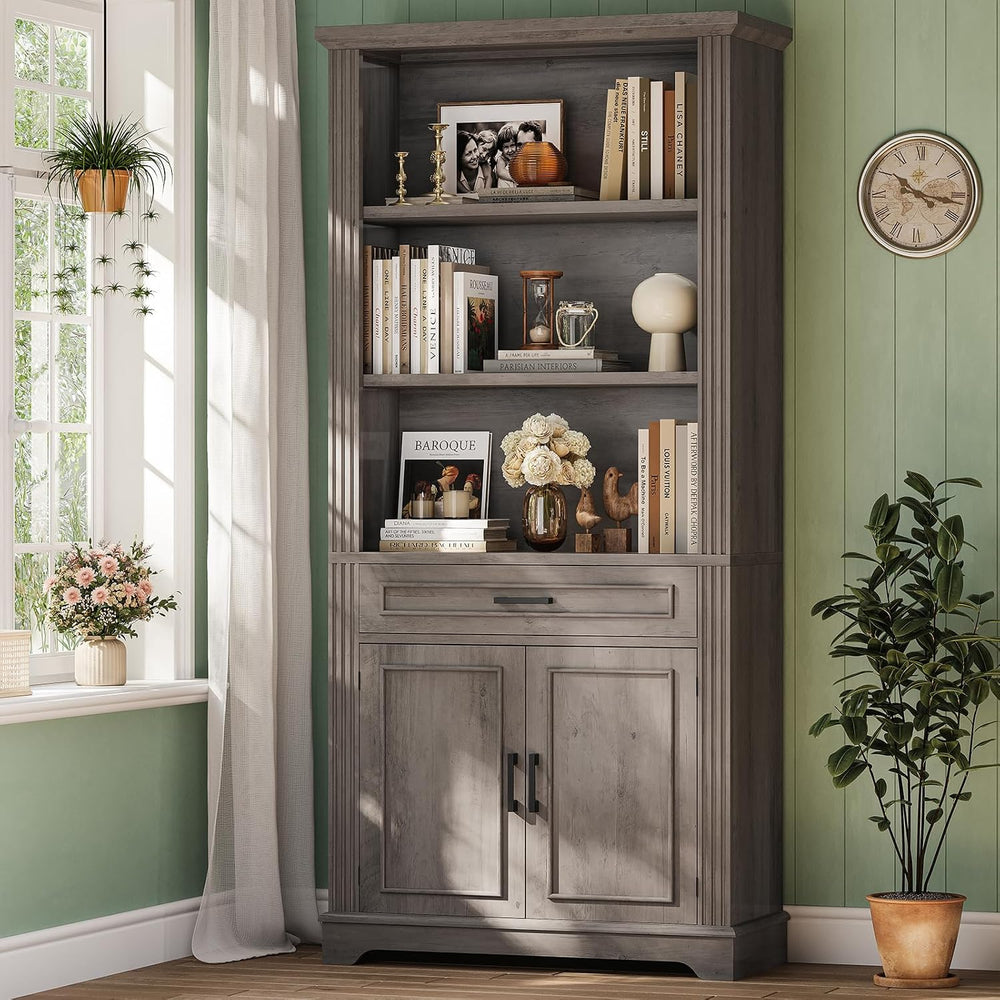 SEDETA Farmhouse Bookshelves and Bookcases with Doors, Drawer, Grey