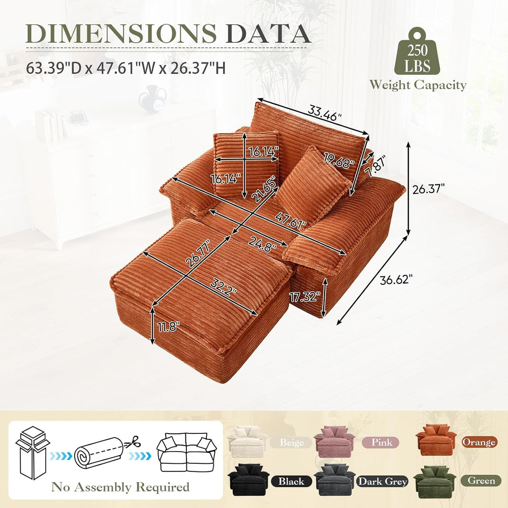 Oversized Chaise Lounge Chair Indoor with Ottoman, Upholstered Corduroy Moder...