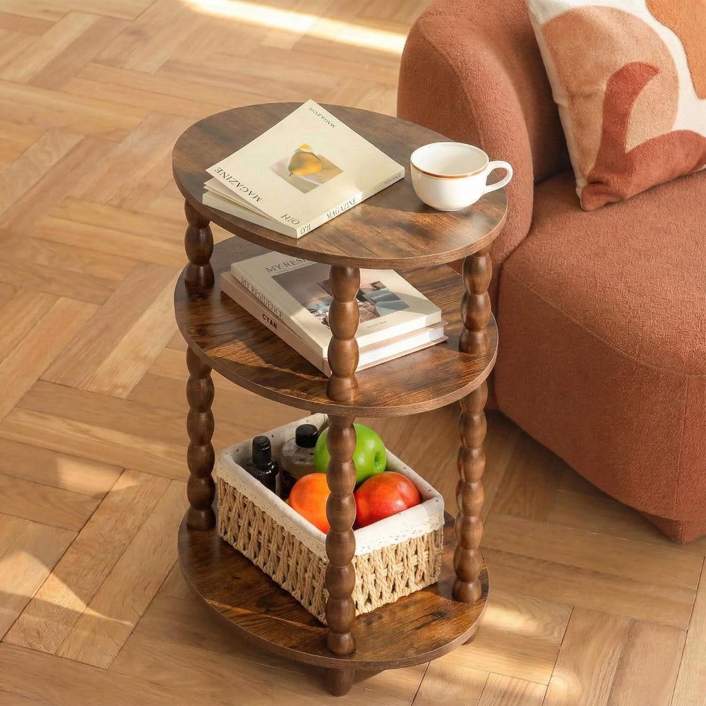 3-Tier Oval Side Table with Solid Wood Legs, Small End Table with Storage She...