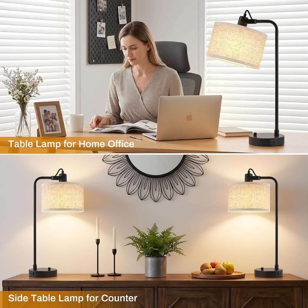 Black Table Lamp Set of 2, USB A+C, 180° Adjustable Bedside Lamps, Dimmable