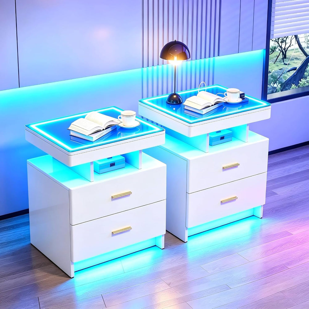 LED Nightstand Set 2 with Charging Station,Motion Senor,White | Night Stand w...