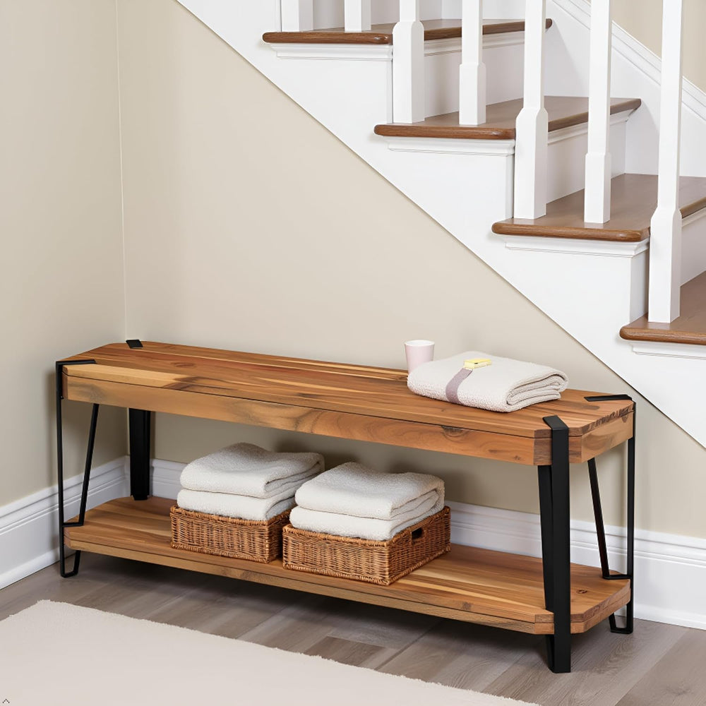 Ryegate 48-Inch Live Edge Acacia Wood & Metal Entryway Bench with Bottom ...
