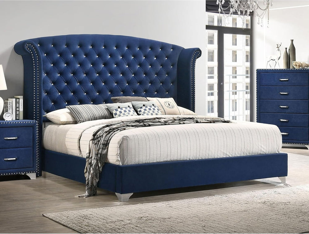 Chantel Pacific Blue Velvet Wingback Eastern King Bed - Tufted Upholstery, Ch...