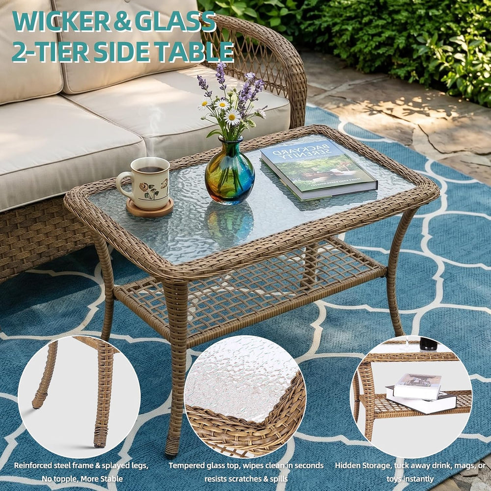 MEETWARM Outdoor Wicker Patio Glider Set, Loveseat for 2 Person Porch Furnitu...