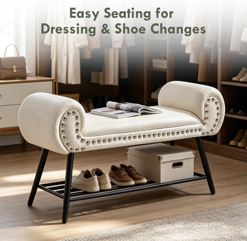 45" Entryway Bench with Shoe Storage,Modern Bedroom Velvet Fabric Uphols...