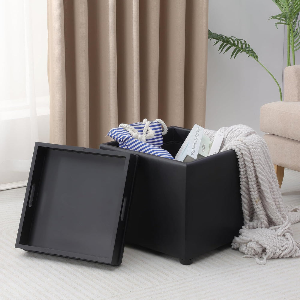 Adeco 17" Black Storage Ottoman Cube with Tray Lid, Small Footstool with...