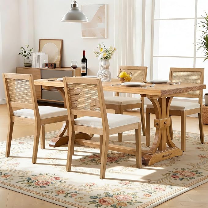 Rattan Dining Chairs Set of 4, French Country Cane Back Upholstered Kitchen C...