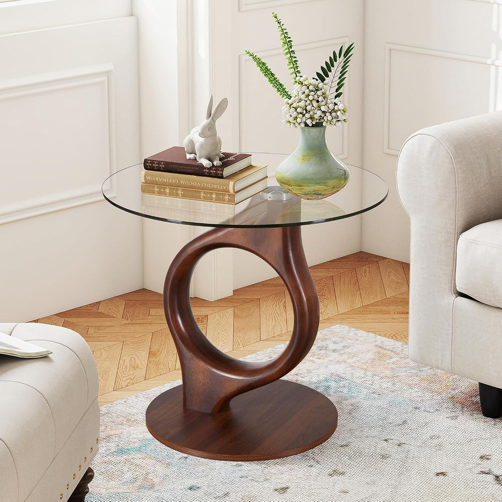 27.5” Large Glass End Table, Round Side Tables with Tempered Glass Tabletop, ...