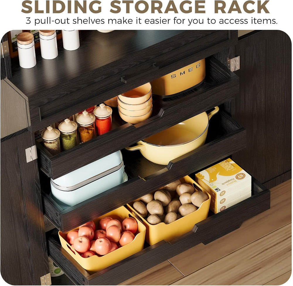 IRONCK 72" Farmhouse Kitchen Pantry Cabinet with Sliding Storage Rack,Bl...
