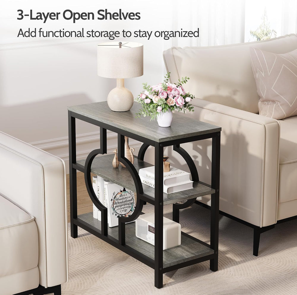 End Table, Narrow Side Table with 3-Tier Storage Shelves, Wood Sofa Side Tabl...