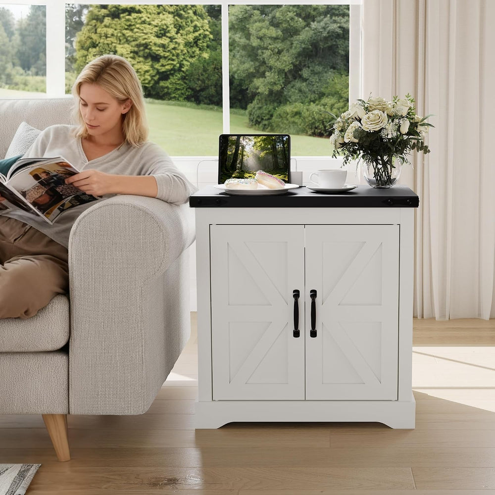 Takywep 24" White Farmhouse Side Table with USB Charging Station, Large ...
