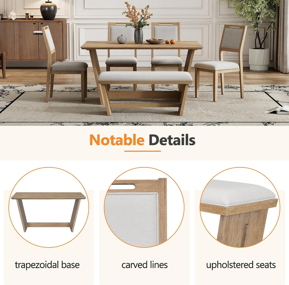 Merax 6-Piece Retro Dining Set, 1 Rectangular Table with Stable Trapezoidal T...