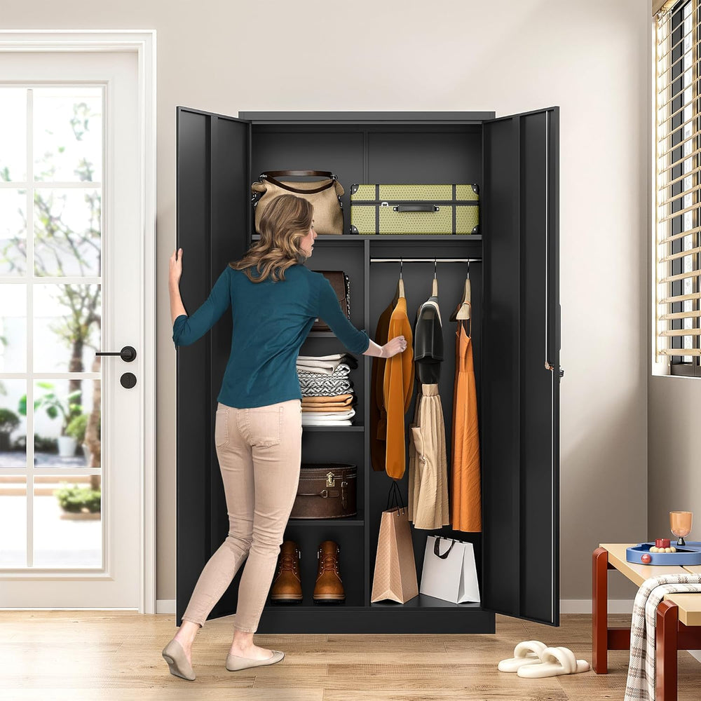 Metal Wardrobe Cabinet with Lock,72" Armoire Closet with Hanging Rod,Loc...