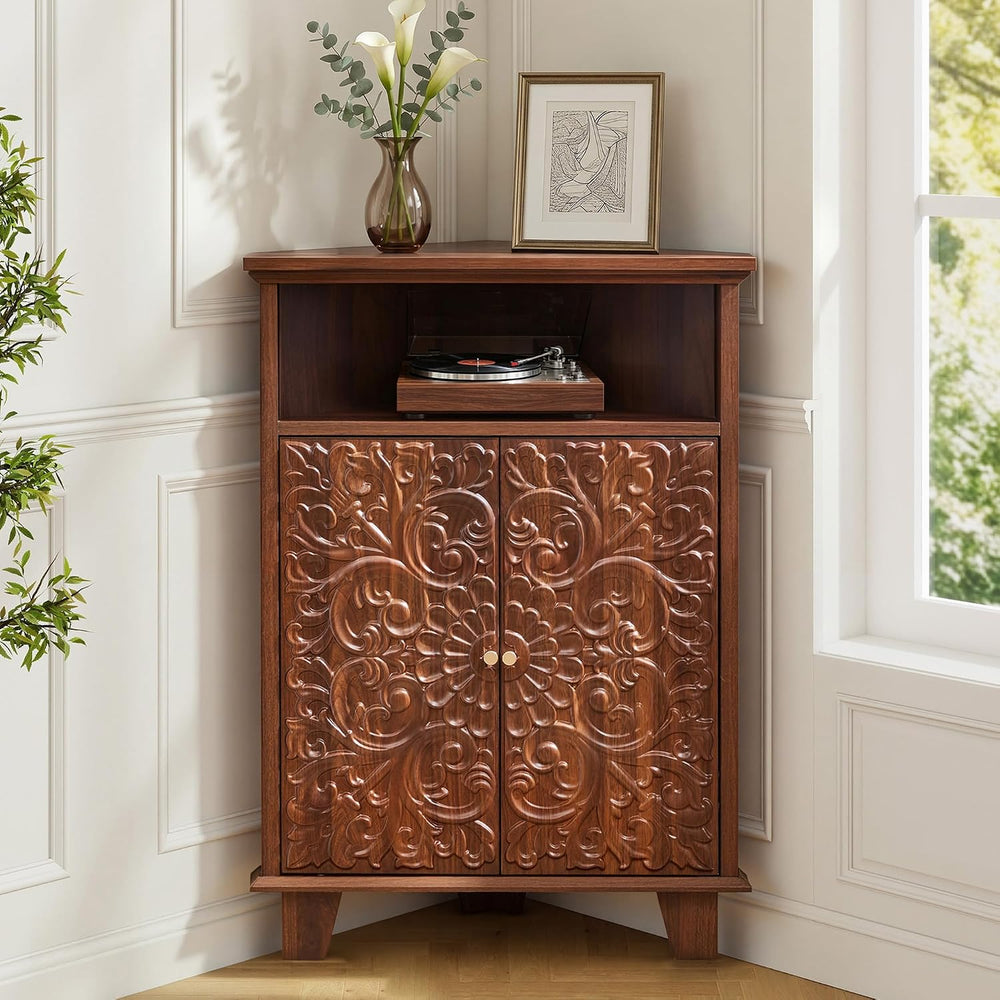 Corner Storage Cabinet, 31.5" Floral Accent Cabinet, Small Spaces, Walnut