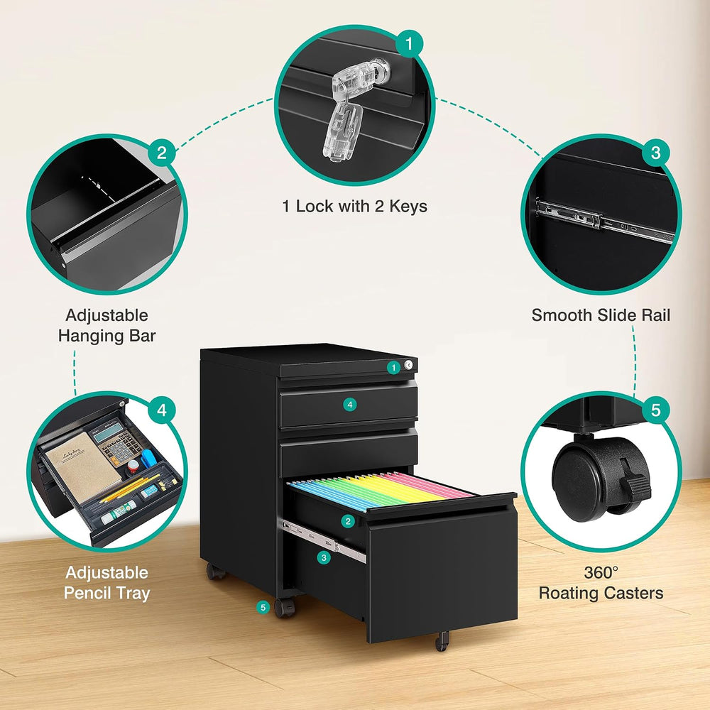 SISESOL 3 Drawer Mobile File Cabinet with Lock,Black Under Desk File Cabinets...