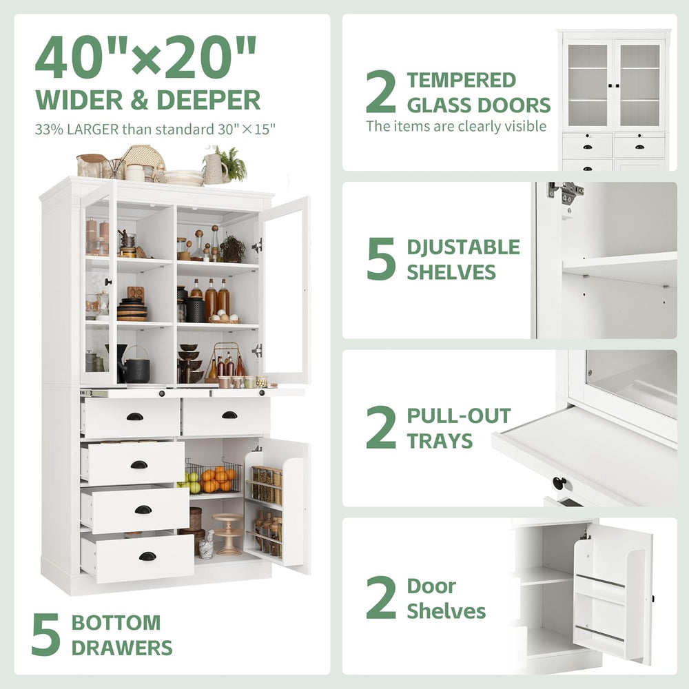 Vintage 72" Freestanding Kitchen Pantry with Glass Doors, Coffee Bar Sta...