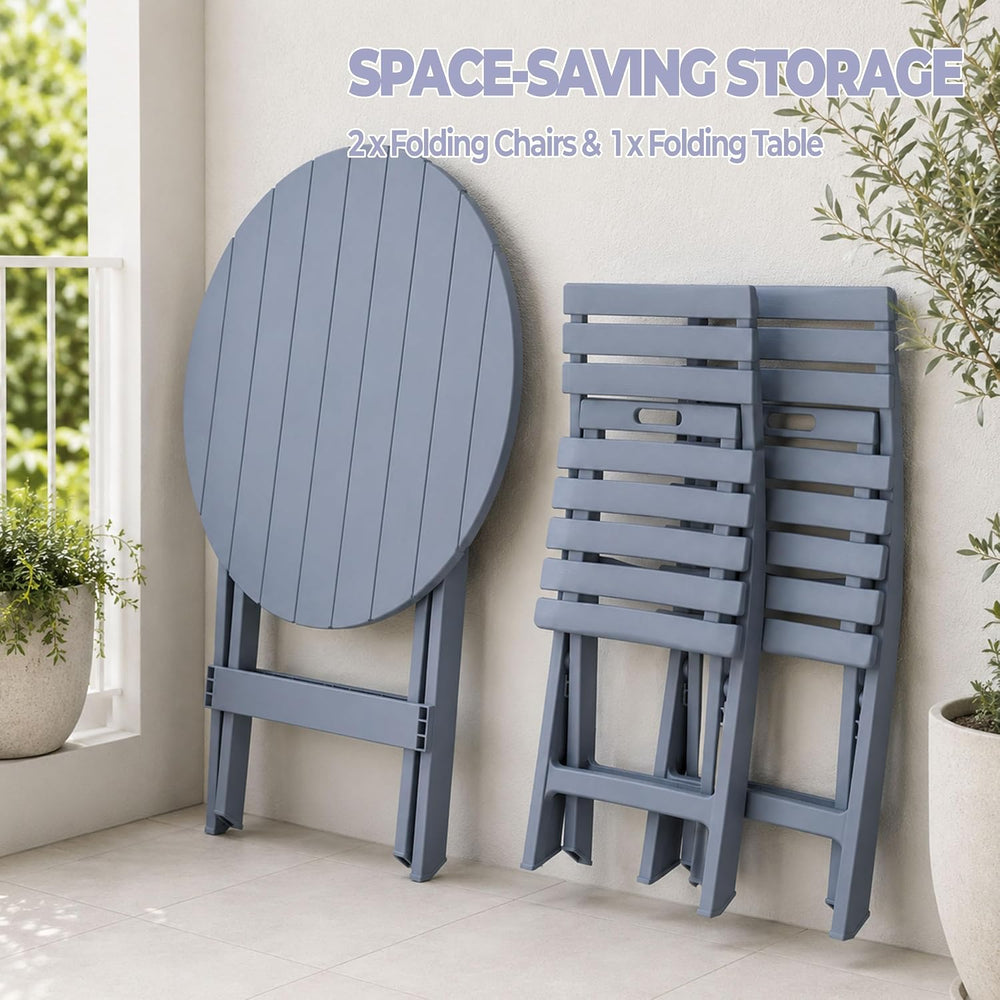 3 Piece Outdoor Bistro Set, Round Folding Patio Table and 2 Chairs, Blue
