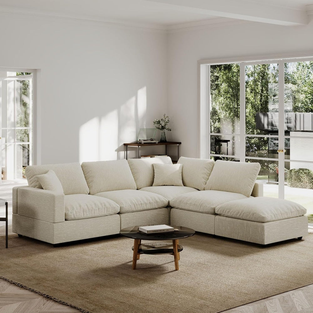 5 Seat Modular Cloud Sofas,Modern Sectional Linen Couch for Living Room V-Sha...