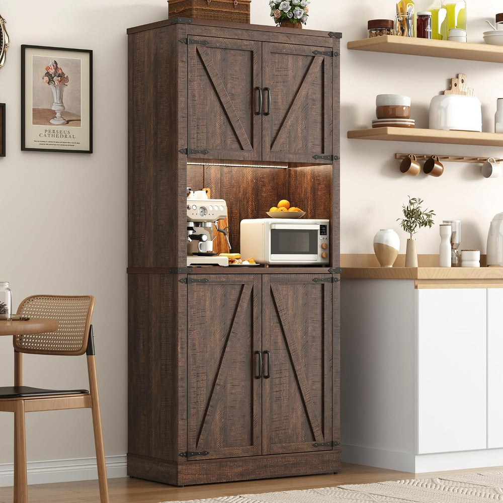 72" Tall Farmhouse Kitchen Pantry Cabinet with LED Light and Power Outle...