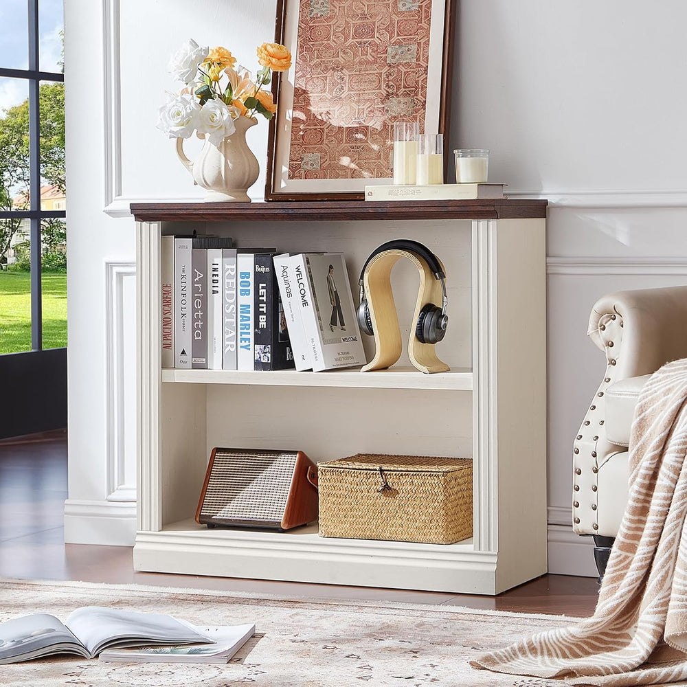 RWYHG 30" White Small Bookcase, 2 Tier Farmhouse Wooden Short Book Shelf