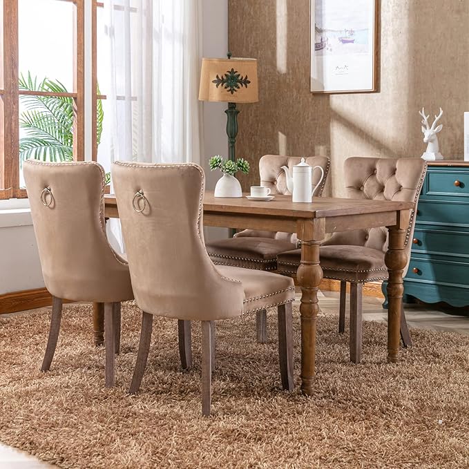 Modern Dining Chairs Set of 4, Tufted Upholstered Dining Chair with Solid Woo...