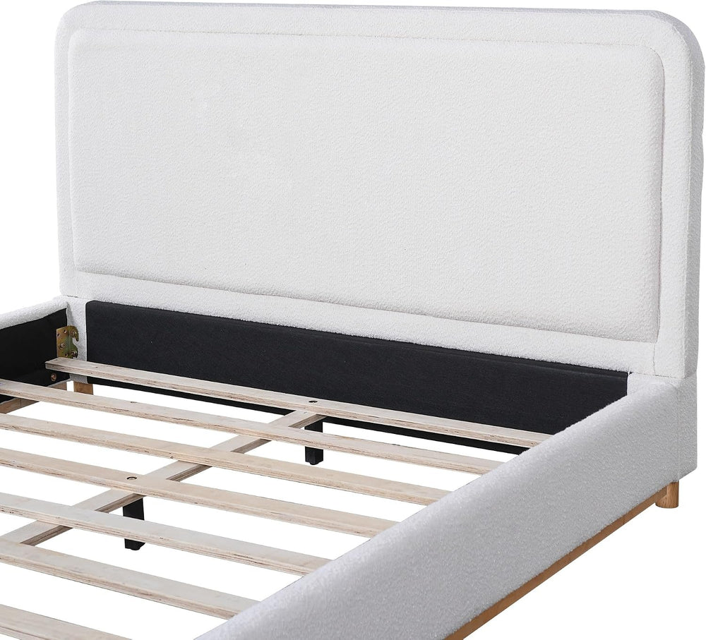 Peanu Queen Bed Frame, Boucle Upholstered Headboard, White Base