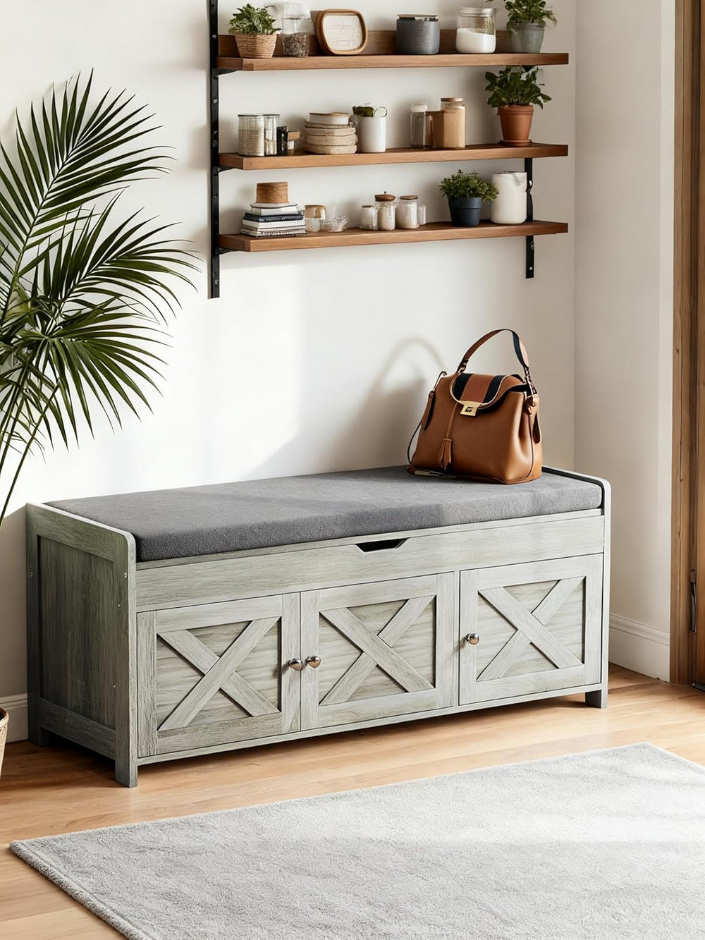 Amada Farmhouse Shoe Storage Bench with Cushion, 3 Doors & Lift-Top Stora...