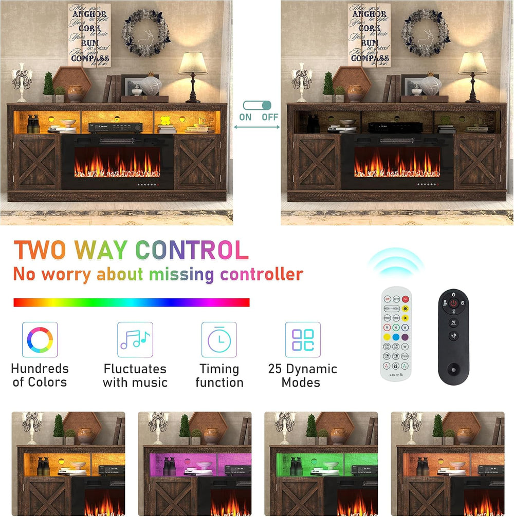 jiteentarou Farmhouse Fireplace TV Stand for 70/75/80 Inch TV, 32”Tall Entert...