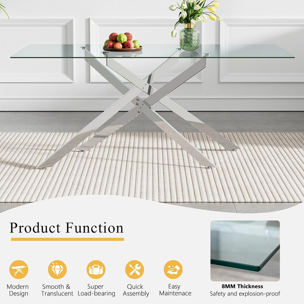 5 Piece Modern Glass Dining Table Set for 4, 60" Rectanguler Glass Kitch...