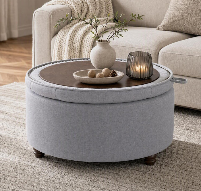 30" Round Storage Ottoman Coffee Table, Tufted Lid & Wood Top, Gray