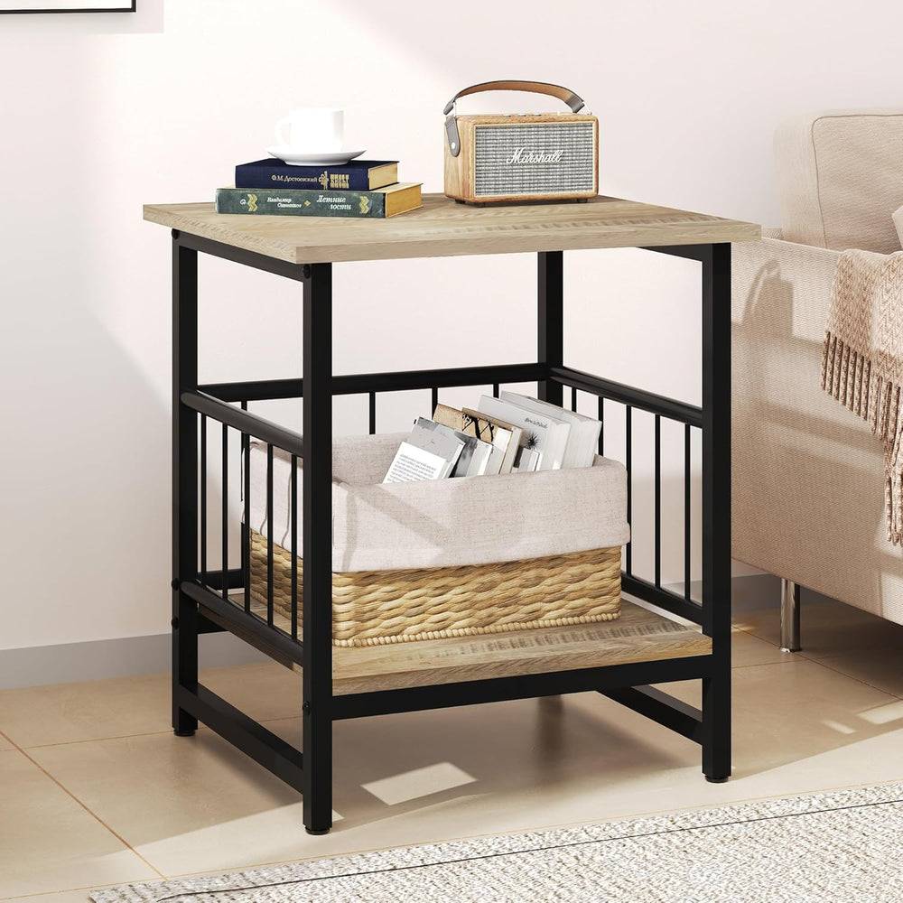 EazeHome 18" Square End Table with Storage Shelf, 2 Tier Rustic Side Tab...