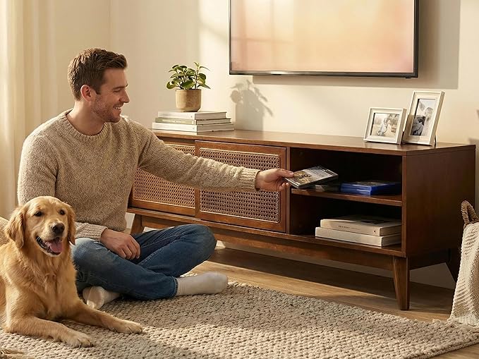 LKTART Boho Mid Century TV Stand,59" Rattan Entertainment Center,Media C...