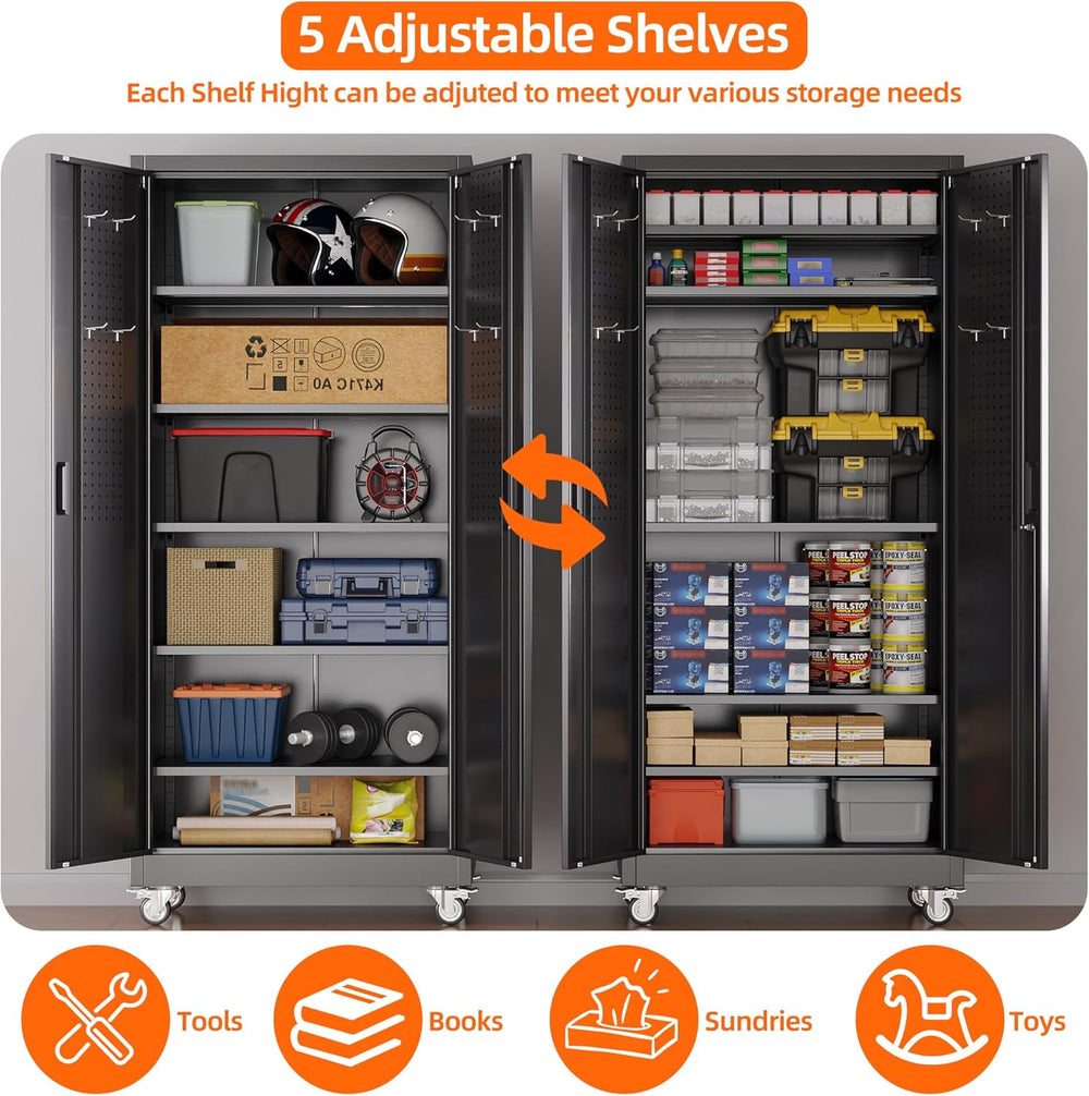 SUXXAN 71" Metal Storage Cabinet with Wheels, Pegboard, Lock, 5 Shelves ...