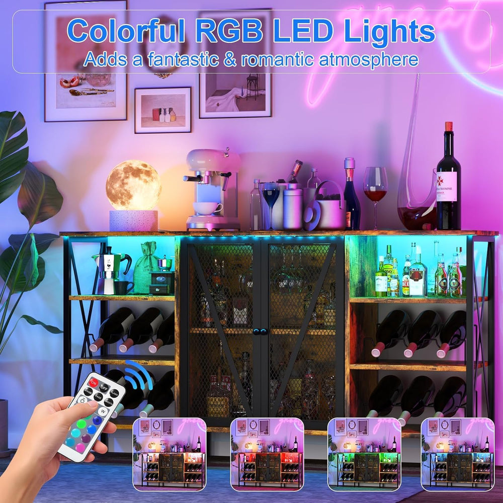 Takywep Farmhouse Industrial Wine Bar Cabinet with LED Light – Freestanding S...