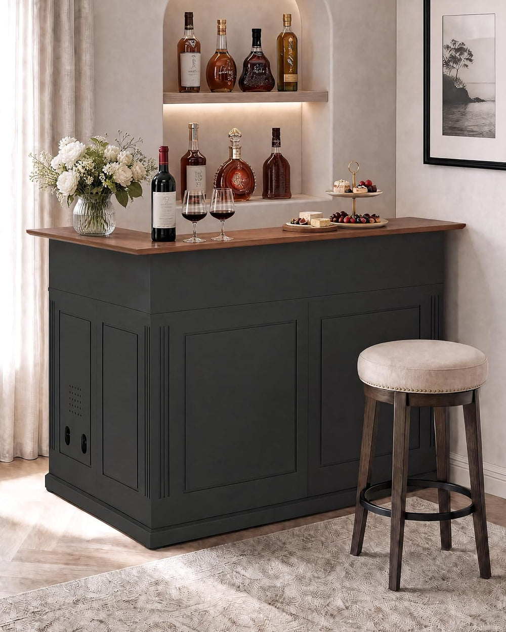 67" L Shaped Bar Cabinet with Fridge Space, Basement Bar
