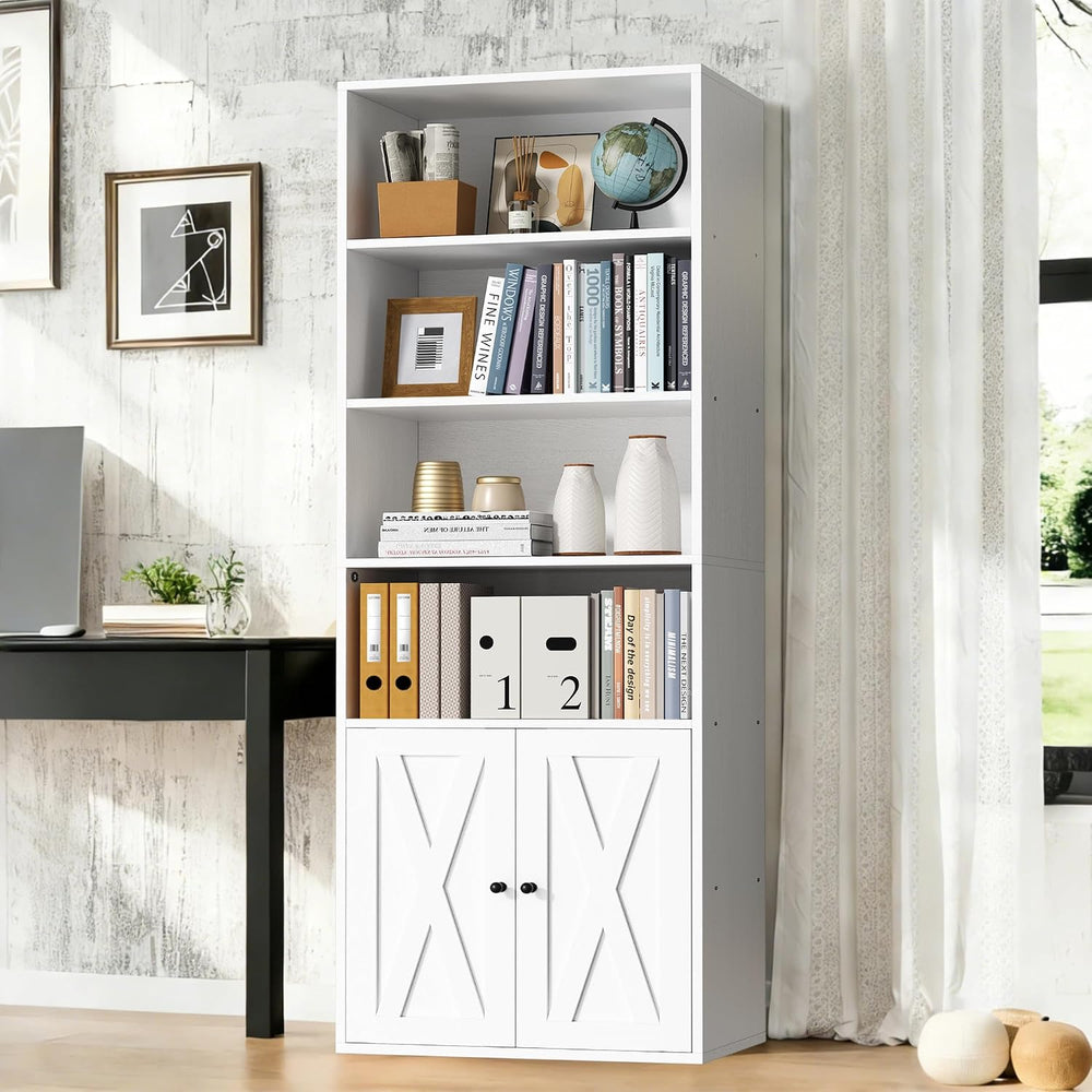 Vongrasig 6-Tier Open Bookcase and Bookshelf with Doors, Floor Standing Farmh...