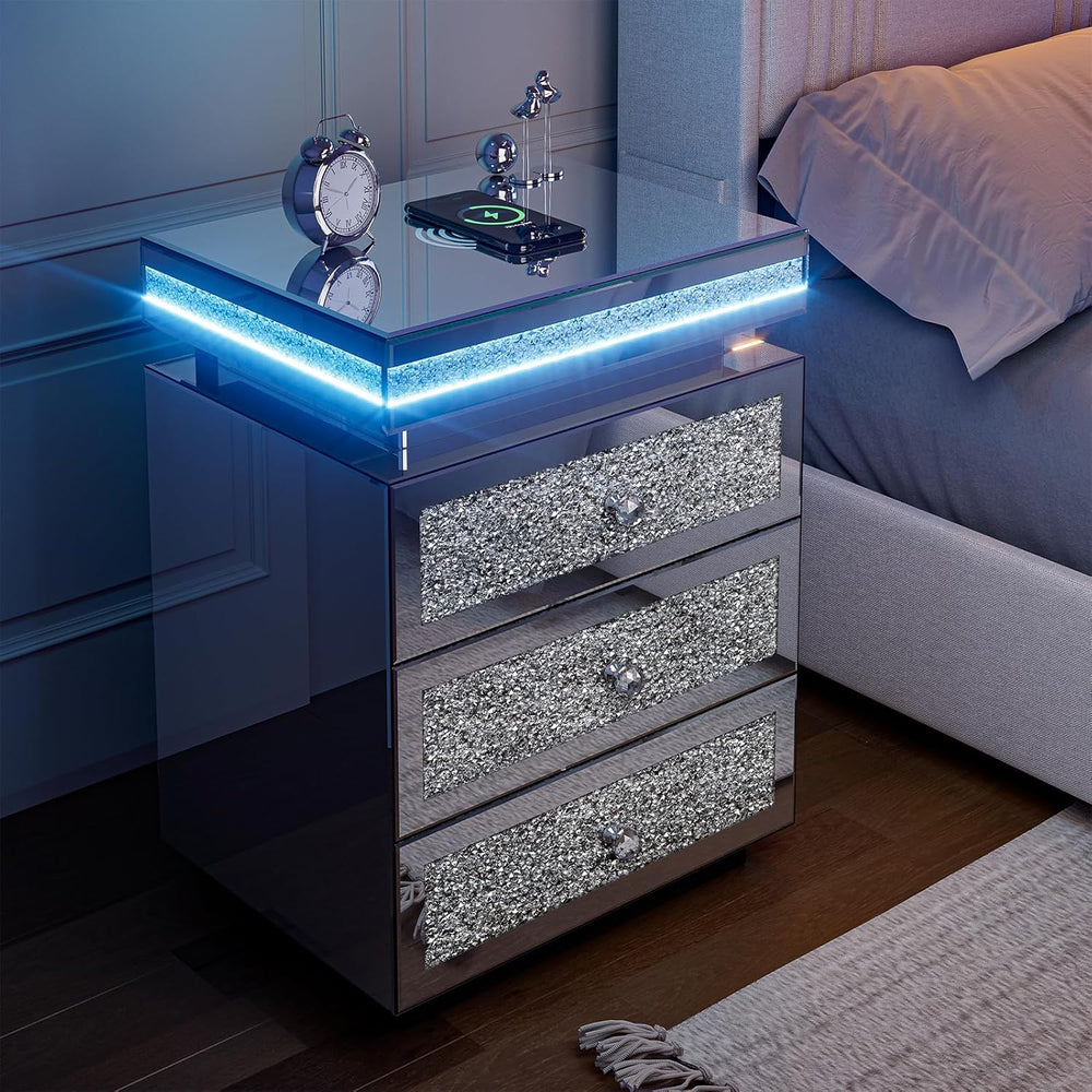 IKIFLY Mirrored Nightstand with Wireless Charging Station, Modern LED Side Ta...