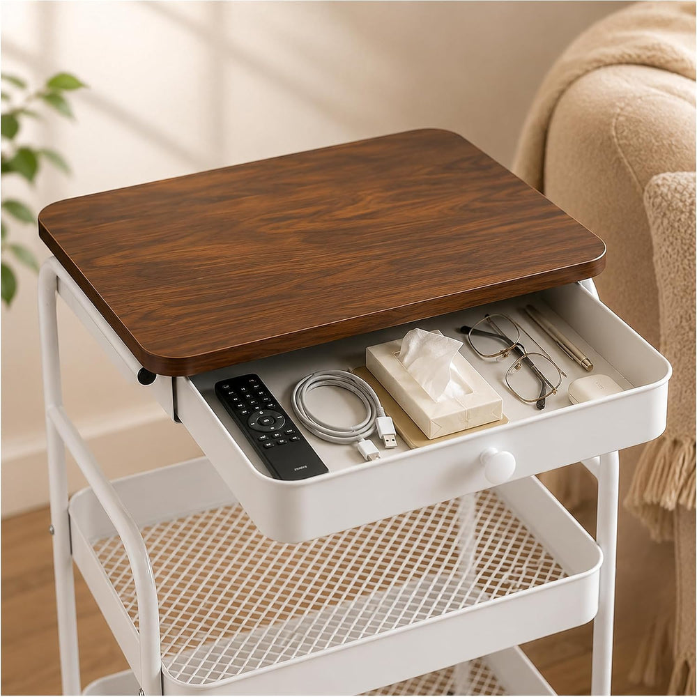 3 Tier Rolling Cart with Hidden Drawer and Wood Top, Small Space Storage Cart...