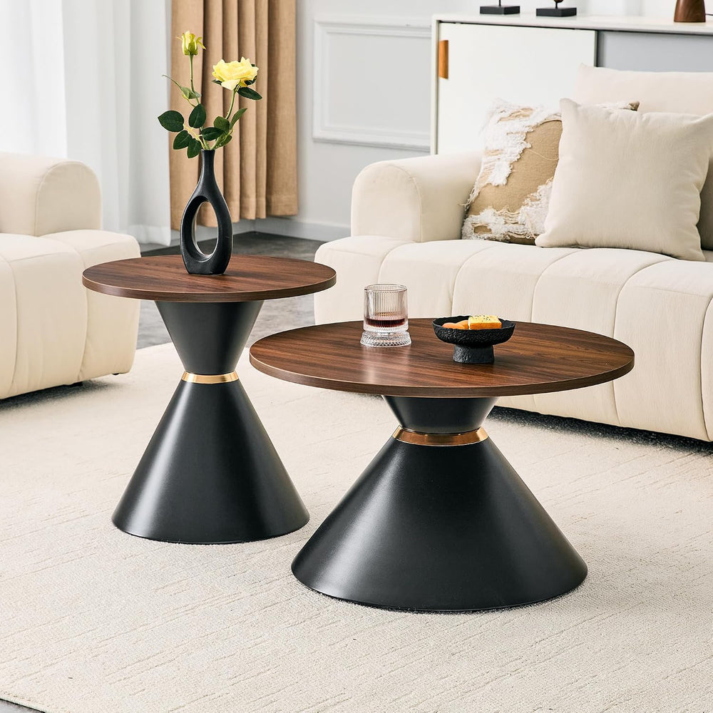 Round Coffee Table Set, Walnut Textured Top with Metal Base, Living Room &...