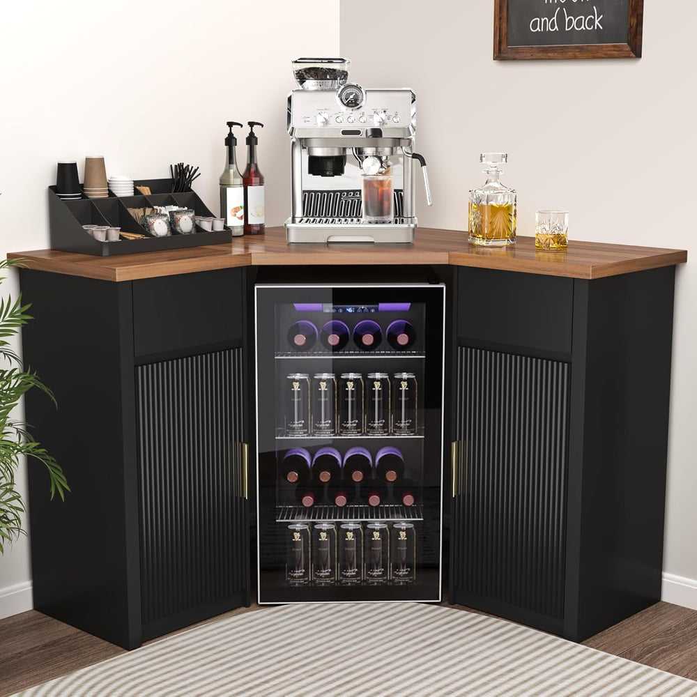 GDLF Corner Coffee Bar with Fridge Space, L Shaped Liquor Cabinet,Black | L-S...